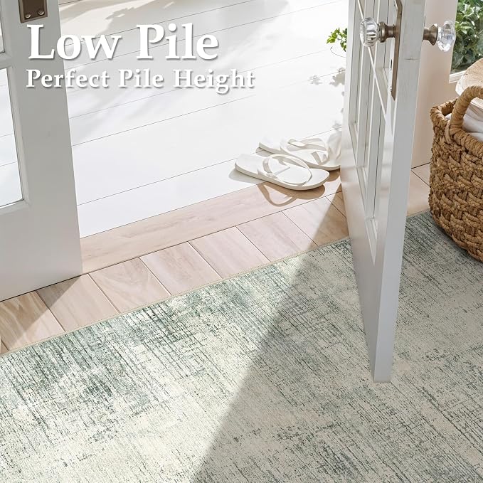 3x10 Hallway Washable Runner Rug - Non-Slip Kitchen Rugs with Rubber Backing Abstract Neutral Low-Pile Carpet Runners for Laundry Room Home Decor Bedroom Bathroom Entryway (Green,3x10)