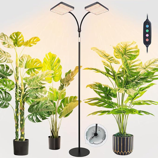 FECiDA 2026 2Head Floor Grow Light, Standing Grow Light with Stable Round Base for Tall and Big Houseplant, Bonsai Tree, Monstera, 4/8/12/16/20 Hr Timer, 50 Watt Power Draw, 40"-76" Height Adjustable