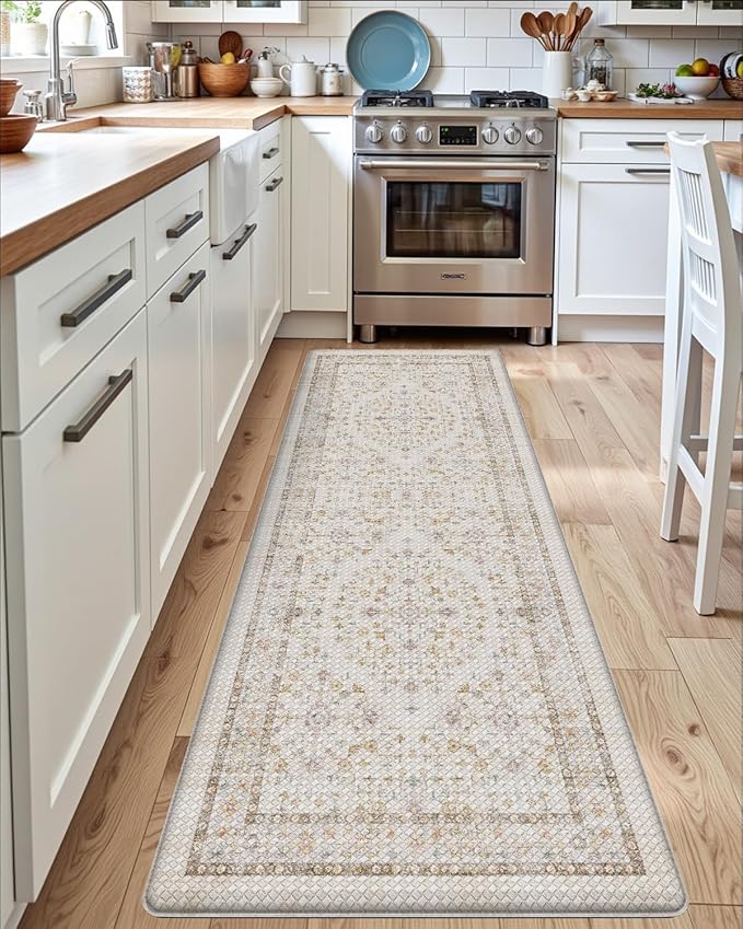 DEXI Kitchen Floor Mats Cushioned Anti Fatigue, 23x59 Long Wide Standing Comfort Runner Rug, Waterproof Retro Floral Memory Foam Padded for Front Sink Laundry, Beige/Ivory