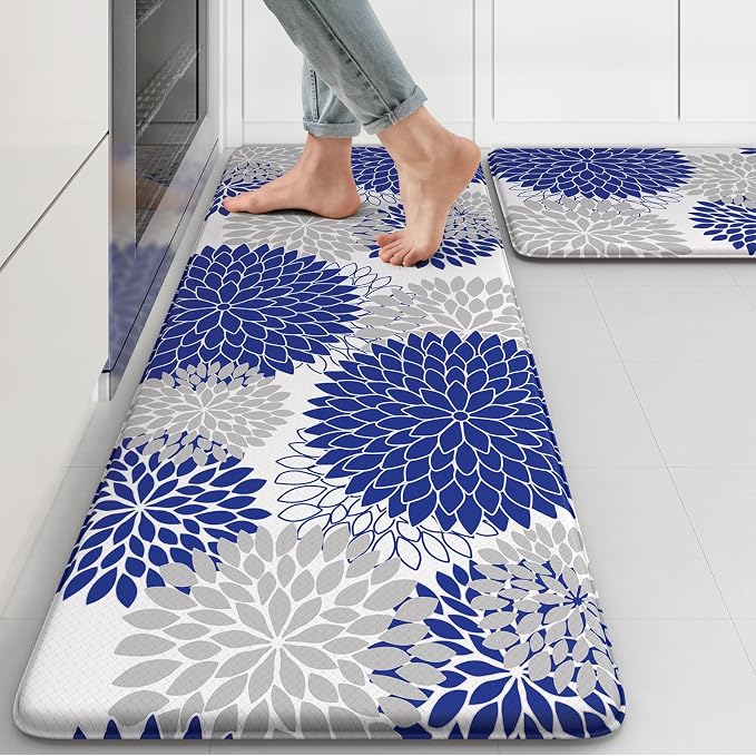 KIMODE Anti Fatigue Mats for Kitchen Floor Cushioned Kitchen Rugs Sets of 2 | 17"x47"+17"x29",Blue,Dahlia Floral Boho,Non Slip Rubber Backing,Waterproof,Wipe Clean,Standing Mat for Office Laundry Sink