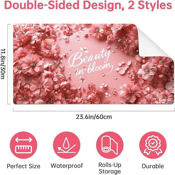 Dual-Sided Synthetic Leather Decorative Makeup Mat for Crafting, Furniture Protection, Scratch & Stain Resistant Surface Desk Pad, Waterproof Easy to Clean Vanity Protector (Floral White)