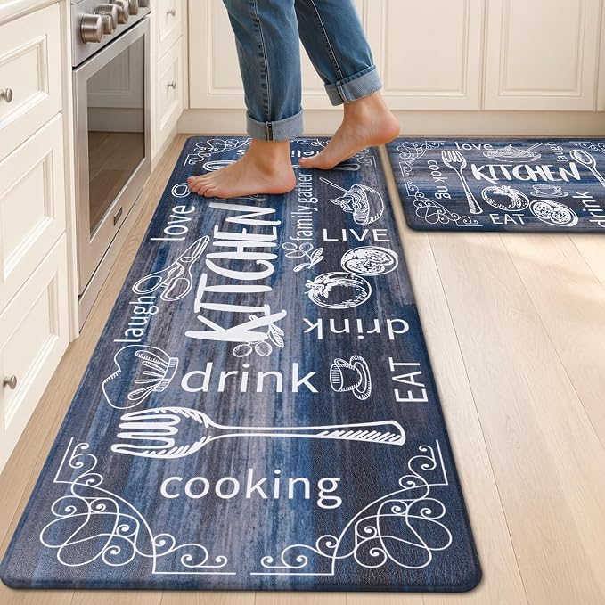 HEBE Anti Fatigue Kitchen Rugs Set of 2, Non Slip Cushioned Kitchen Mats for Floor, Waterproof Farmhouse Comfort Standing Desk Mat for Kitchen Sink,Office,Laundry