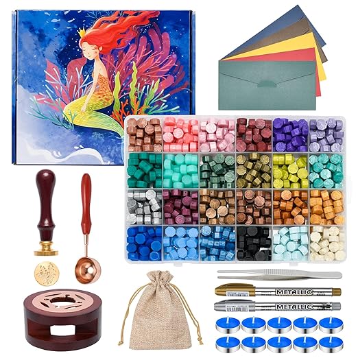 Wax Seal Stamp Kit with Gift Box, 24 Colors and 624 Pcs Wax Seal Kit with Wax Metallic Pens, Tweezers,10PCS Candles and 5 PCS Envelopes for Gift and Craft-Little Mermaid
