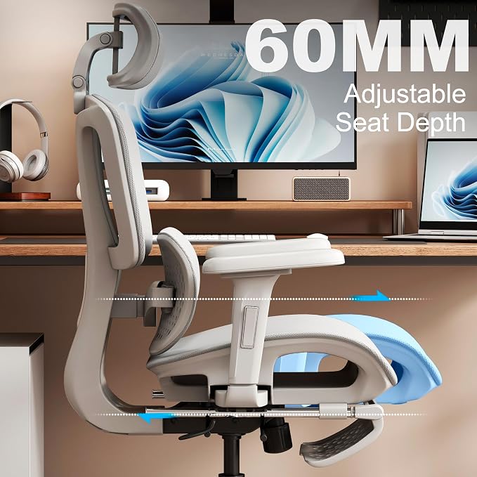 Vonesse Ergonomic Office Chair,Desk Chair with Adjustable 3D Headrest and Armrests, Gaming Chair with Dynamic Lumbar Support & Adjustable Depth Breathable Mesh Seat (Grey)