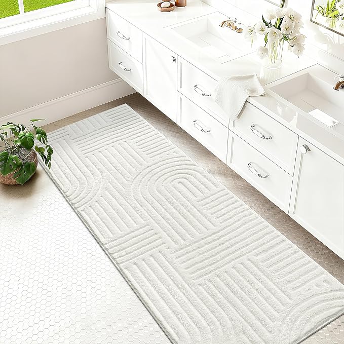SHACOS Soft Cozy Fluffy Arch Pattern High Low Pile Runner Rugs 2'x6' Non Slip Washable Scandinavian Minimalist Rug Modern Geometric Arc Carpet for Living Room Bedroom Bathroom, Cream White