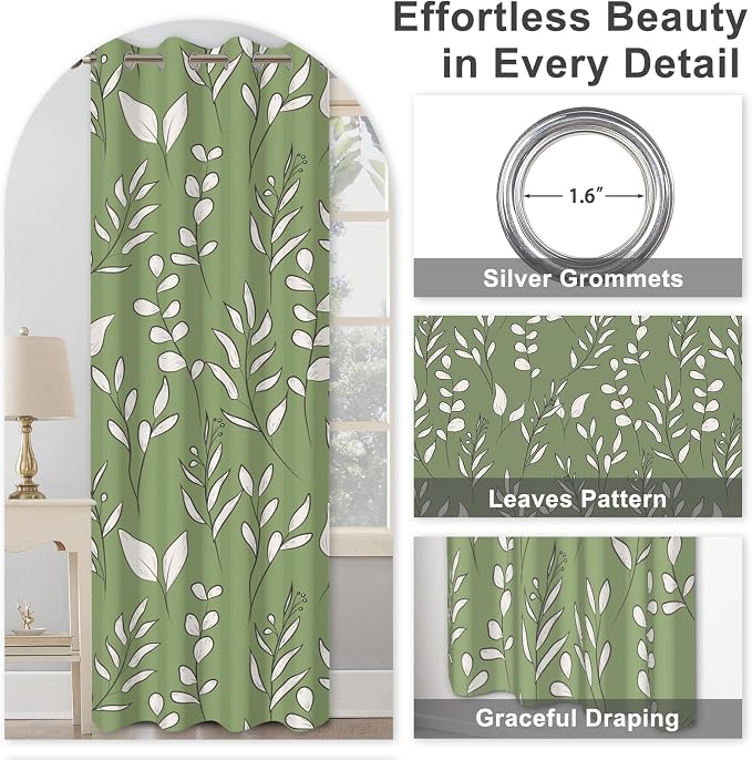 Blackout Curtains for Bedroom Living Room Grommet Thermal Insulated Room Darkening Drapes, Green and White Leaves Print Blackout Curtains 84 Inch Length 2 Panels Set Soundproof Maintain Privacy