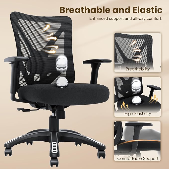 Ergonomic Office Chair, Mesh Computer Desk Chairs with Adjustable Lumbar Support, 3D Armrests, Tilt Function, Comfy Wide Seat, Executive Work Task Chair for Company and Home (Sponge Cushion)