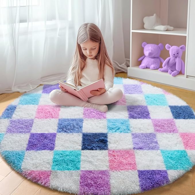 KICMOR Purple Rainbow Round Rugs 5ft for Bedroom Living Room, Cute Fluffy Soft Circle Area Rug Fuzzy Shag Shaggy Carpet, Circular Checkered Rug for Teen Kids Girls Boys Nursery Home Decor Aesthetic