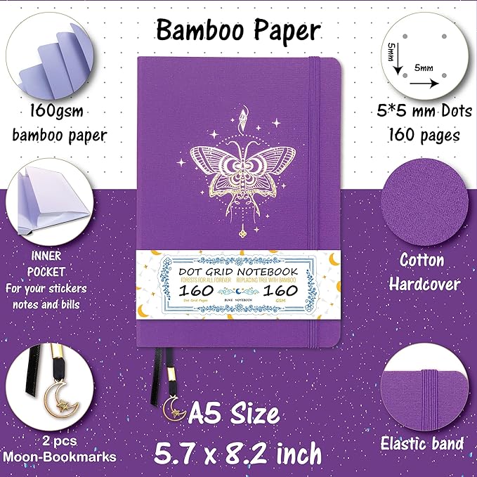 BUKE Dotted Notebook - Cotton Fabric Hardcover - 160gsm Thick Bamboo Paper - A5 Size Dotted Journal - 5x5mm DOT GRID Layout 160 Pages With Gift Box (BKC-3C)