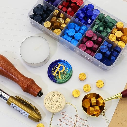 SWANGSA Initial Alphabet R Wax Seal Stamp Kit, Classic Retro Letter Sealing Stamp with 200pcs Sealing Wax Beads Kit for Wedding Invitations Cards Envelopes (R)