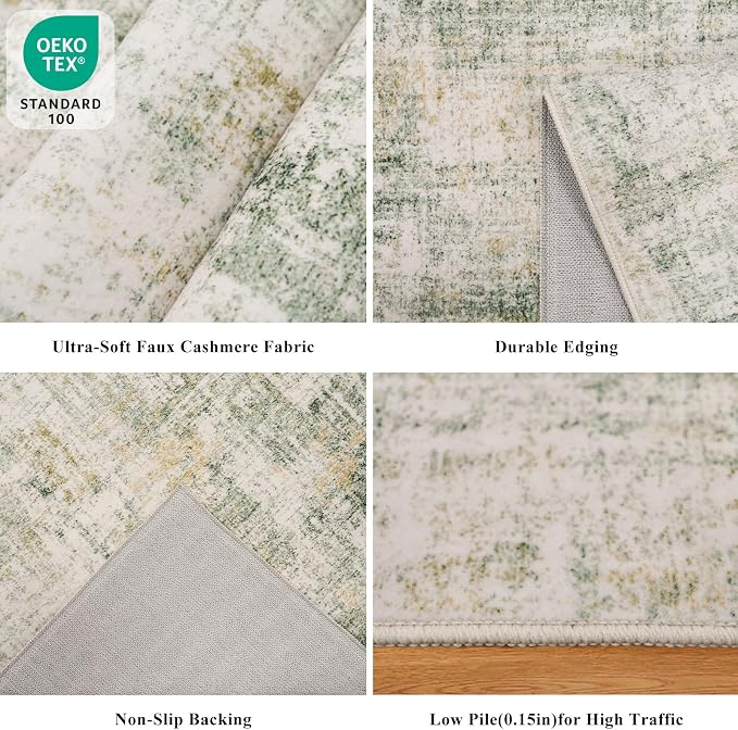3x10 Ft Long Wide Hallway Runner Rug – Non-Slip Washable Wide Kitchen Runner, Low-Pile Thin Modern Abstract Floor Rug for Indoor Entryway, Bedroom, Living Room (Sage Green)