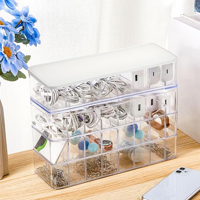 Tatuo 1 Pcs Cord Organizer for Drawer Desktop, Cable Organizer Box with 8 Compartments and Wire Ties, Plastic Charger Storage with Lid, Electronics Case for Home Office Accessories (Small,Clear,White)