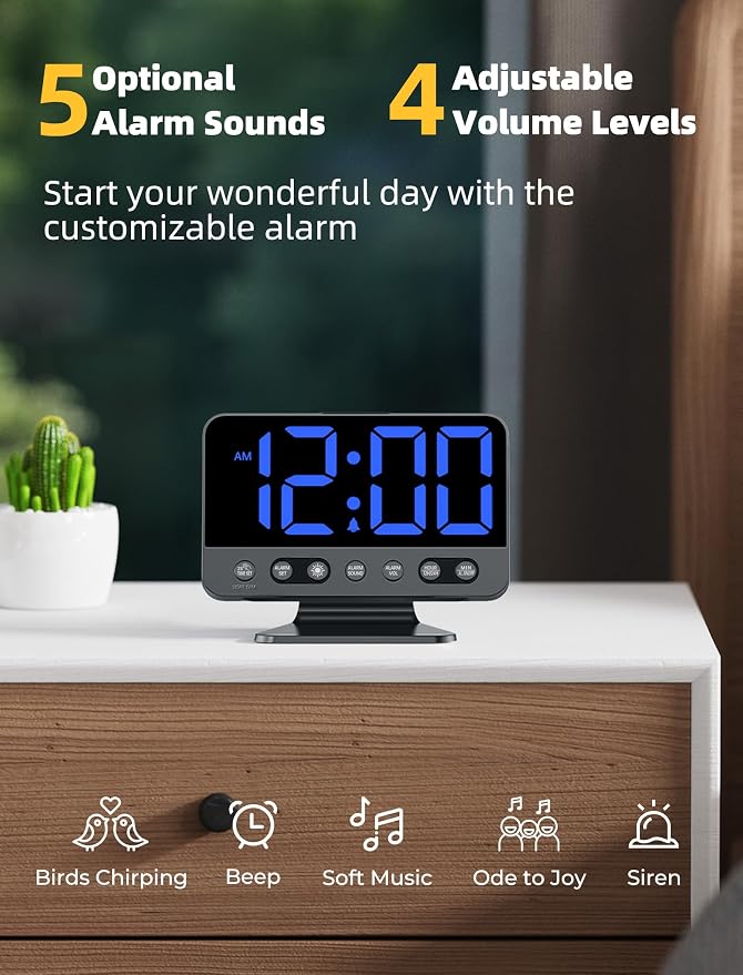 Odokee Digital Alarm Clocks for Bedrooms with Large Bold Number | Electric Desk Clock with Night Light & Brightness Dimmer - Loud Alarm for Heavy Sleepers with Adjustable Volume - Blue