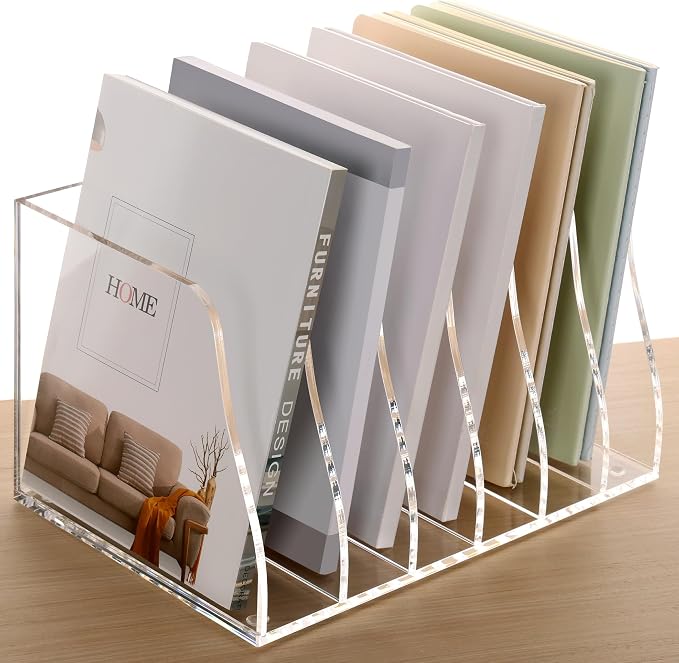 SANRUI Acrylic Desk File Organizer, Clear Magazine File Holder 6 Slot | Vertical Workspace Sorters, Folder Rack for Office Accessories Organization Storage