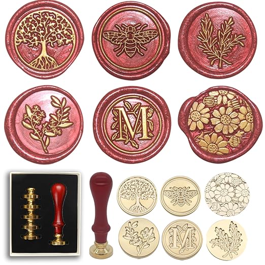 Wax Seal Stamp Set - 6 Pcs Botanical Copper Seals, 1 Wooden Hilt, Kit Including Eucalyptus, Bee, Daisy, Rosemary, Tree Life, Letter M Patterns