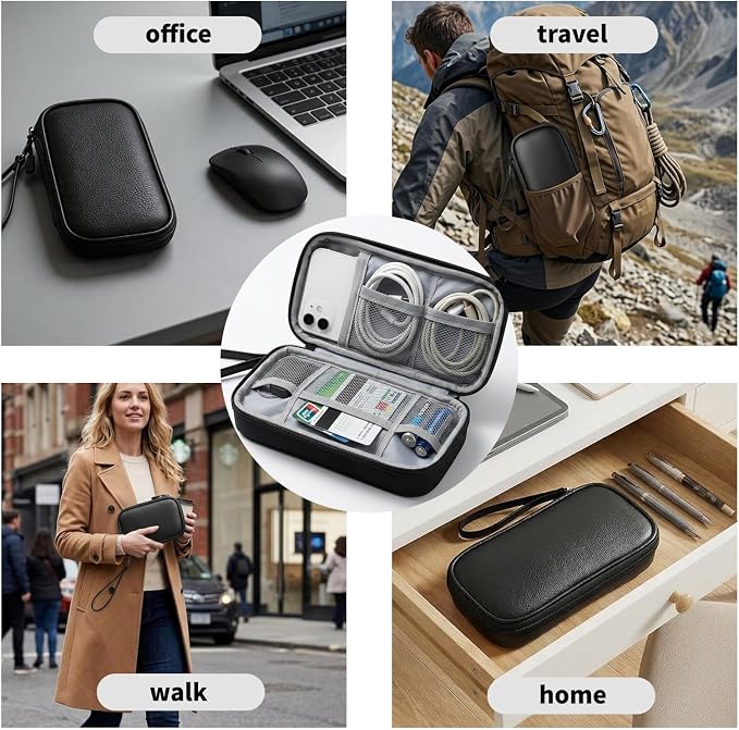 Leather Electronic Organizer Bag, Waterproof Travel Tech Pouch for Cord, Cable, Charger, Phone & Accessories (Black)