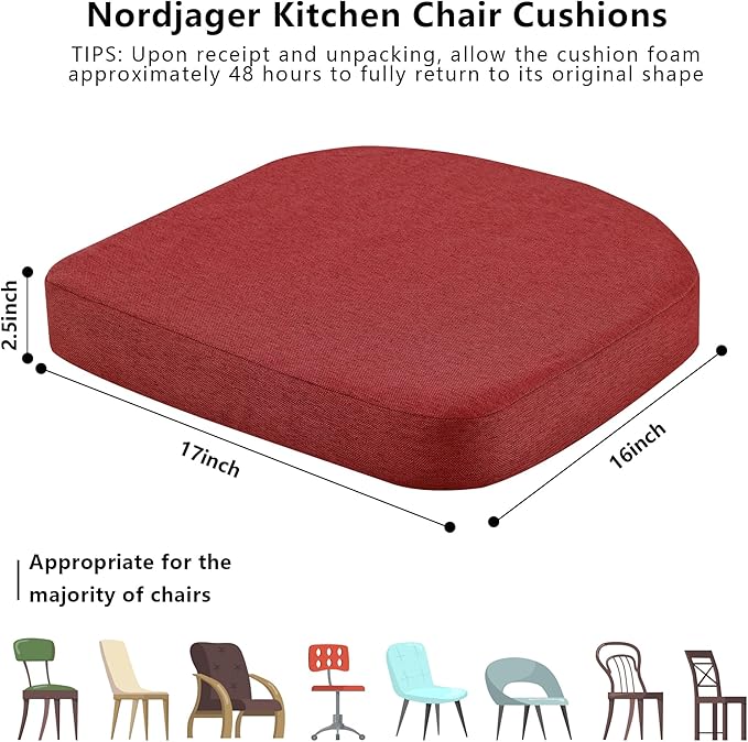 Nordjager Chair Cushions for Dining Chairs, 4 Pack Memory Foam Cushion | 2.5" Thick Chair Cushion; Waterproo Surface with 17" x 16" Size for Kitchen & Dining Chairs, Secure Ties and Washable Cover.