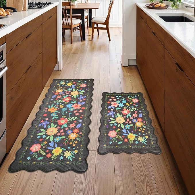 GENIMO Anti Fatigue Kitchen Mats for Floor 2PCS, Cushioned Standing Mats | 17.3"x47"&17.3"x30", Jet Black vintage floral rug set, waterproof, non slip, easy-clean for farmhouse