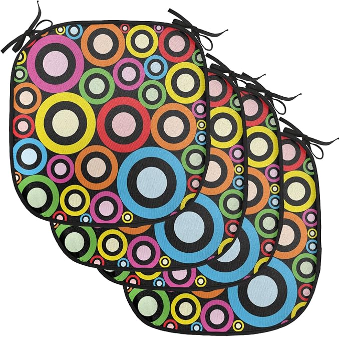 Lunarable Groovy Chair Cushion Pads Set of 4, and Funky Retro Ring Shaped Modern Art Geometric Revival Art, Anti-Slip Seat Padding for Kitchen & Patio, 16"x16", Black Multicolor
