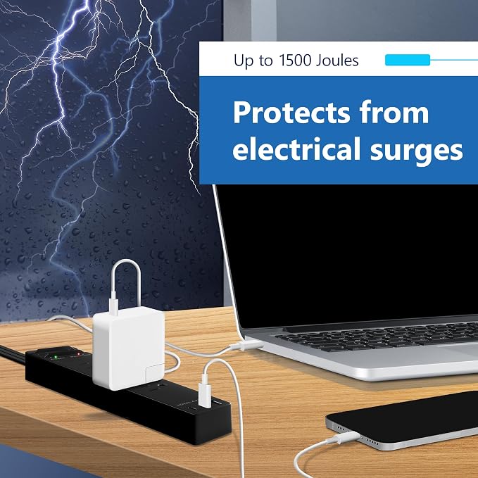 LIDER Outlet Extender with 4 Receptacles, USB-A & 2 USB-C, 45 Degree Angle Ultra-Thin Flat-Plug, 4-Outlet Power Strip, Surge Protector 1500 Joules, 5ft Cord, 1250W, ETL Listed, Matte Black