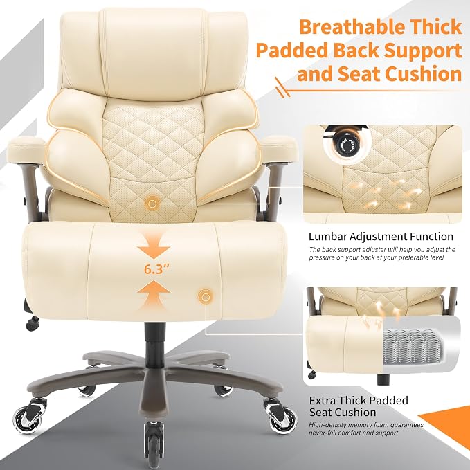 VUZI 700lbs Big and Tall Office Chair, Large Executive Leather Desk Chair | Adjustable Lumbar Support for Back Pain, Plus Size Wheels, 3D Flip Arms, Heavy Duty Metal Base, Wide Seat Computer Chair