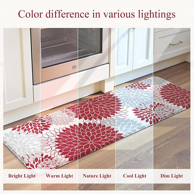 KIMODE Half Circle Anti Fatigue Mats for Kitchen Floor Rug Sets of 2 | 18"x28+18"x47",Red,Half Round,2PCS,Dahlia Floral Boho,Non Slip,Waterproof,for Sink Office Laundry Bathroom Decor