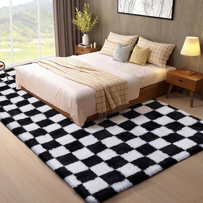 Ophanie Checkered Black & White Rug for Living Room Bedroom,Fluffy Soft Cute Fuzzy Area Rugs,Shag Plush Shaggy Bedside Floor 8x10 Furry Carpet Kids Baby Teen Dorm Decor with Over 99 pcs Pile fibers