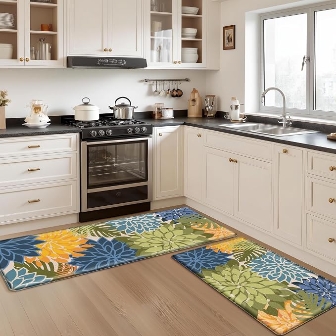 Arenarug Kitchen Mats for Floor 2 Piece Cushioned Anti Fatigue Kitchen Mats Waterproof Non Slip Kitchen Mat Rug Set Comfort Foam Standing Mat for Sink, Laundry, Office, Yellow Green