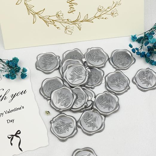 50 Pcs Silvery Wax Seal Stickers - Rose Style, Self Adhesive Wax Seal for Wedding Invitation, Easy Use Good Adhesion, Silvery Rose Envelope Stickers Perfect for Invitation or Seating Chart
