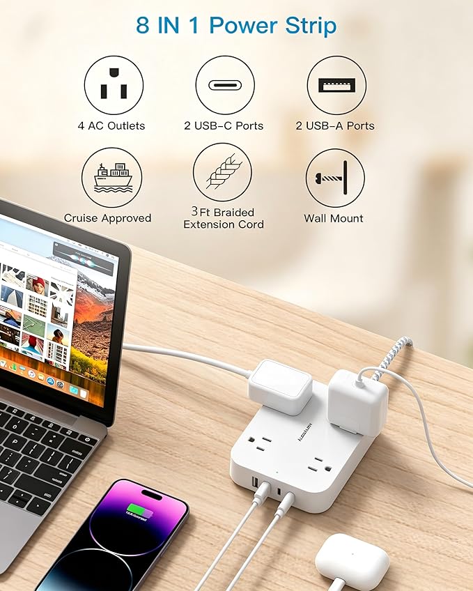 3Ft Short Power Strip with 4 USB Ports (2 USB C), 4 Widely Spaced AC Outlets, Cruise Ship Approved, Wall Mount Desk Charging Station for Office, School, Travel, Dorm Room Essentials, ETL Listed