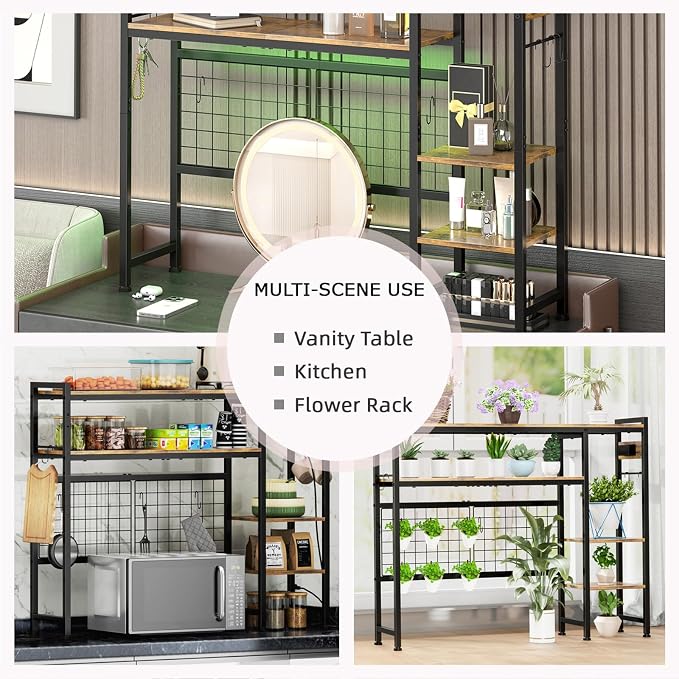 Desk Shelf for Top of Desk, 41.3" Desktop Organizer Shelf with Grid Panel & LED Lights, Desk Hutch for Computer Monitor, Wood Desktop Bookshelf for Home Office Dorm, with Power Outlets