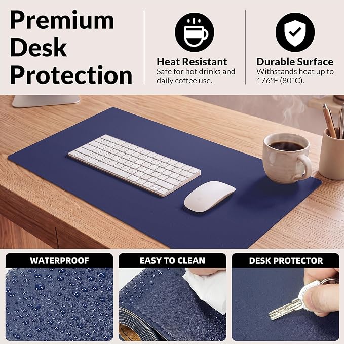 AFIING Desk Mat, Blue, 31.5" x 17", Cork Desk Pad Protector | Dual-Sided Cork & PU Leather, Waterproof, Non-Slip for Mouse Pad, Office, Home & Writing