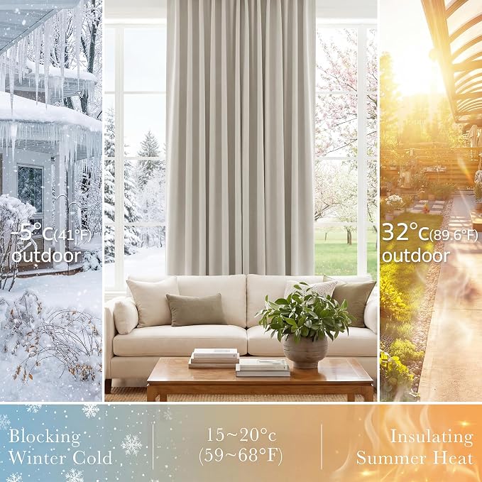 PONY DANCE 102 inch Long Curtains 2 Panels Set for Living Room Bedroom, Rod Pocket/Back Tab Thermal Insulated Room Darkening Light Blocking Floor to Ceiling Drapes, W 52 x L 102 inch, Cream