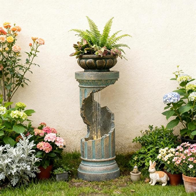 Sunlinua Outdoor Water Fountain with LED Light, Modern Spiral Tiered Outdoor Fountain with Stone Planter Curved Freestanding Waterfall Fountains for Garden Patio Deck Porch Gold