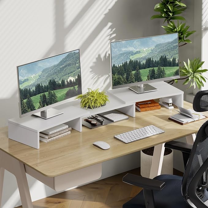 FITUEYES Dual Monitor Stand Riser, Adjustable Length and Angle, White | Wooden 3-Shelf Design, Supports up to 55lbs, Flexible for Standard Corner Space, Holds Monitor, Laptop, Phone, Printer