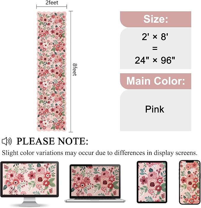 DUKINO 2x8 Washable Runner Rug, Lightweight Soft Floral Hallway Rug Runner with Low Pile Design, Non Shedding & Non Slip Backing Thin Indoor Carpet for Bedroom, Bathroom, Entrance, Kitchen, Pink