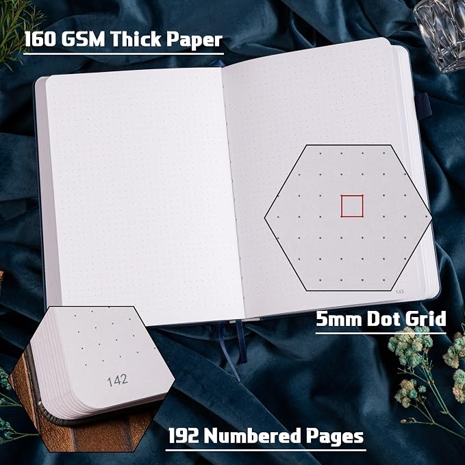 TIEFOSSI Dotted Journal Notebook, 160gsm 190 Numbered Thick Paper, A5 Hardcover Dotted Grid Diary for Women Men Work Writing, Journaling, Drawing, 5.8 x 8.3 in