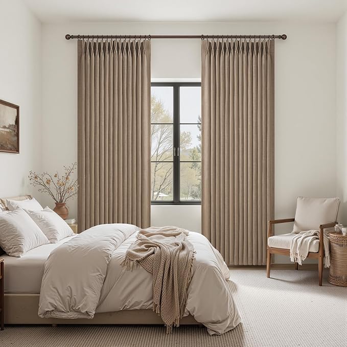 Extra Long 102 Inch Rust Brown High Ceiling Curtains for Dining Room, Blackout Memory Shape Pinch Pleat Natural Linen Blend Thermal Noise Reducing Country Windows Curtain 102 Inches Length Panels of 2