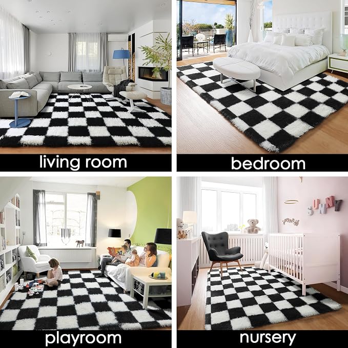 KICMOR 7x9 Area Rug for Living Room Bedroom, Large Black and White Checkered Fuzzy Fluffy Shag Shaggy Carpet, Indoor Plush Soft Big Rugs for Kids Boys Girls Teen Dorm Nursery Home Decor Aesthetic