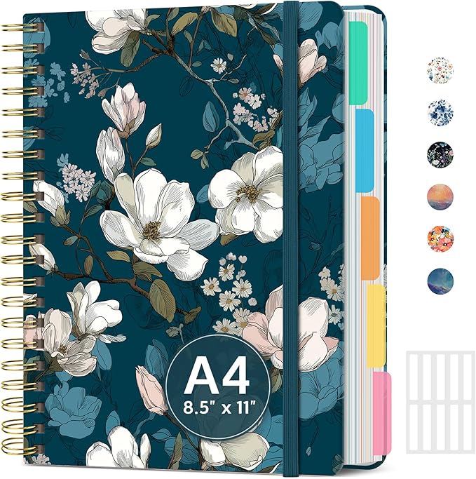 Large Spiral Lined Notebooks for Work with Removable Dividers & Tabs, 8.5"x11" Pretty Hardcover 5 Subject Notebook Journal for Women, College Ruled, Perfect for Study & Office Organization, 280 Pages,Magnolia Bloom