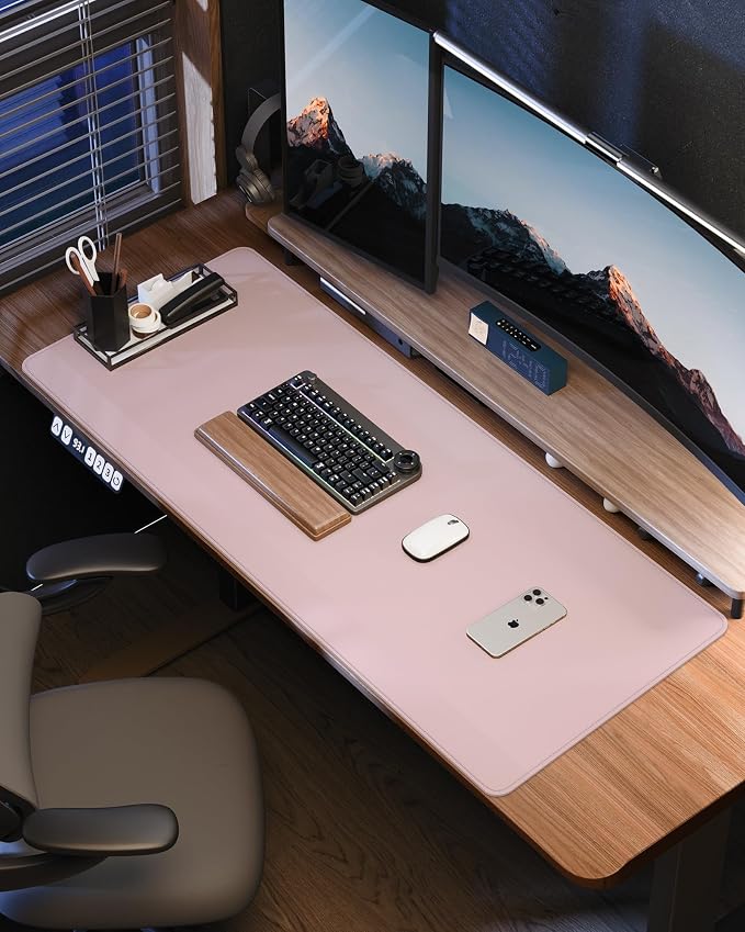 Leather Desk Pad Protector - 48 x 24 Computer Mat, Large Mouse Pad, Non-Slip, Waterproof PU Leather Blotter, Desk Cover for Office and Home (Light Pink)