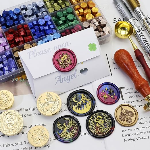 SWANGSA Starry Wax Seal Stamp Kit with 450pcs Sealing Wax Beads, 2 Pens and Spoon for Wedding, Invitations, Cards, Envelope, Christmas