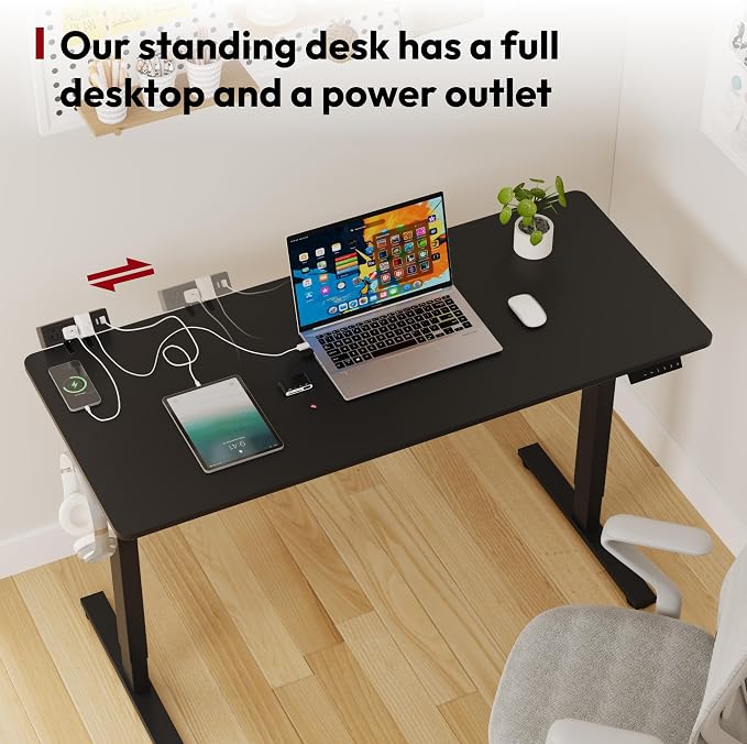 SANODESK Electric Standing Desk with Desk Clamp Power Strip 60"x 24" Whole-Piece Desktop Height Adjustable Stand Up Desk with Cable Management Sit Stand Home Office Desk Black Frame/Black Top