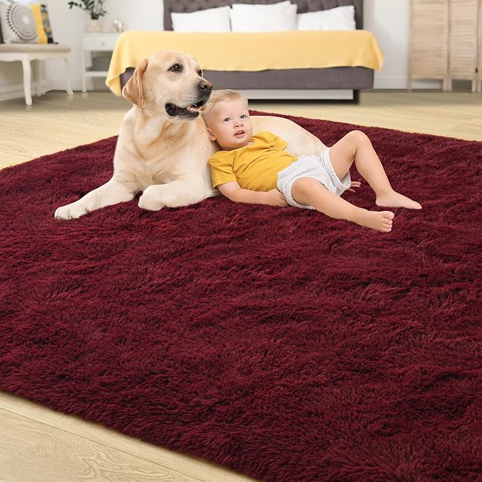 Tepook Fluffy Burgundy Rugs for Living Room, 8x10 Dark Red Area Rug for Bedroom, Soft Shaggy Plush Floor Carpet for Kids Girls Boys Room, Indoor Non Slip and Washable Carpets for Nursery Home Decor