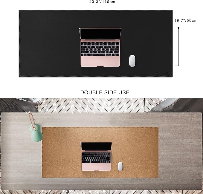 MAIDERN 43.3”x 19.6” Leather Desk Pad XXL, Large Desk Mat, Reversible Cork & Leather Large Mouse pad for Desk, Waterproof Computer Desk Pad for Gaming Home Office (Black) …