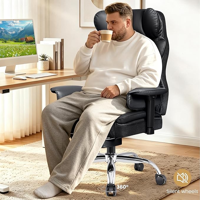Big & Tall Office Chair, Ergonomic High Back Executive Desk Seat | 400 LBS Heavy Duty Steel Frame for Heavy Users, 23.6" Wide Seat, Padded Armrests, 165° Reclining, Black PU Leather, 2 Pack