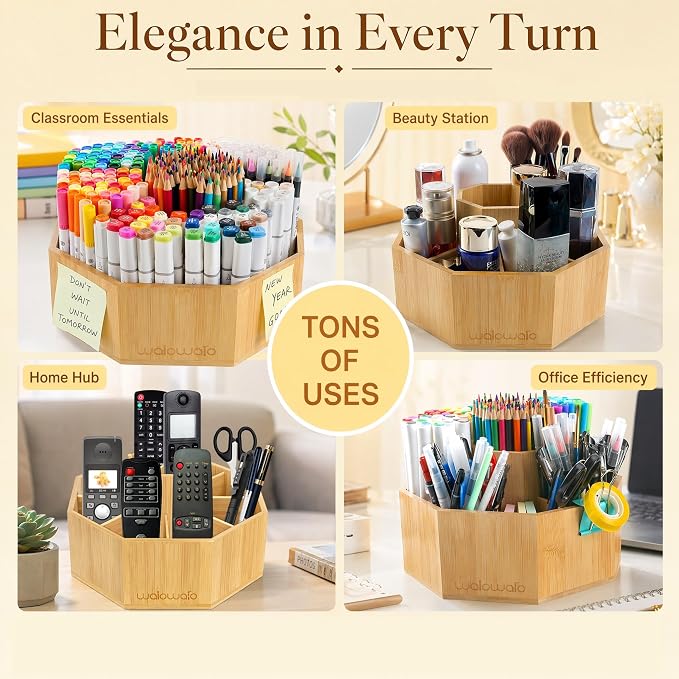 Bamboo Rotating Art Supply Organizer Caddy Holds 800+ Pencils Spinning Crayon 160 Marker Holder Desk Brush Colored Pencil Storage for Office Classroom Organization Stationary (Larger VER)
