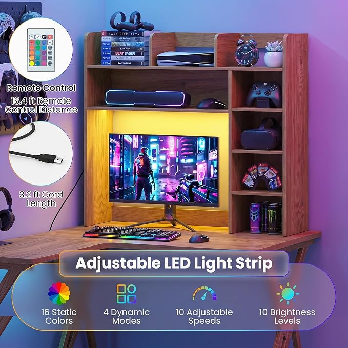 Tangkula Desktop Bookshelf with LED Lights, Desk Hutch with 8 Shelves for Max 25" Monitor, Desktop 5-Tier Display Rack, Multipurpose Wood Desktop Storage Hutch Organizer for Dorm Office Home (Natural)