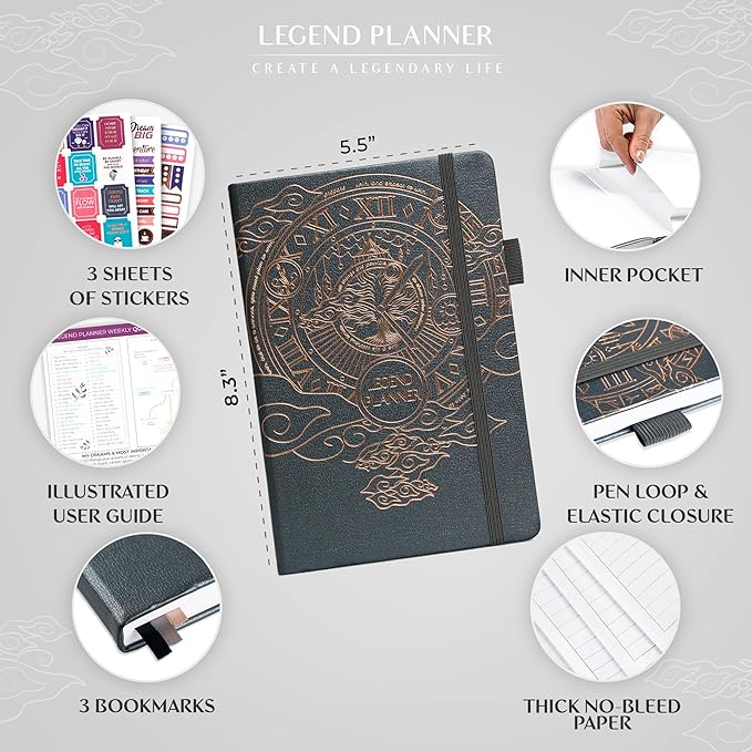 Legend Undated Weekly Planner – Goal Planner Journal & Organizer Notebook – Agenda Book with Monthly Calendar & To-Do List, A5 (Mystic Gray, Gold)