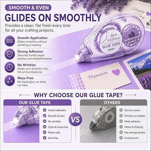 Glue Tape for Scrapbooking, Scrapbook Tape 4 Pcs, Double Sided Tape Roller for Crafts, 26 Ft x 0.31 In Tape Runner, Junk Journal Supplies, Scrapbook Supplies & Craft, Photo, Card Making Supplies.